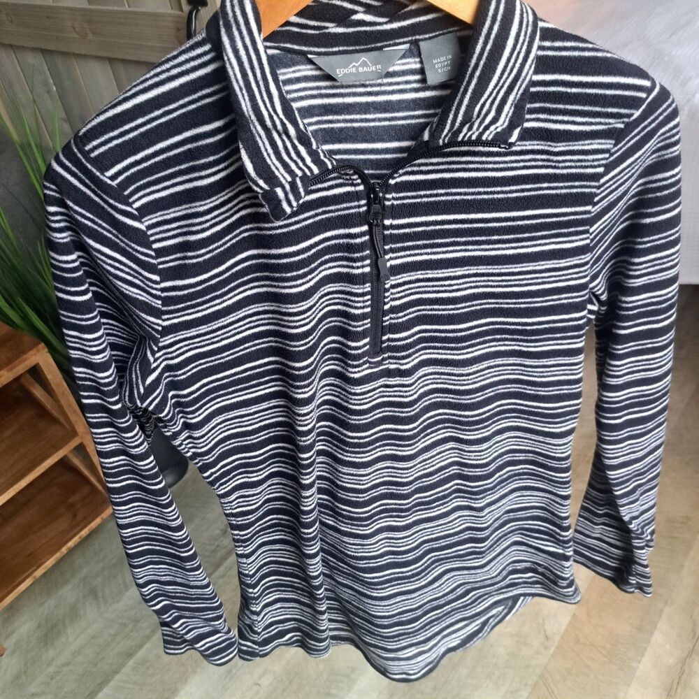 EDDIE BAUER Womens Size Small Black White Pullover Zip Sweatshirt Striped Fleece